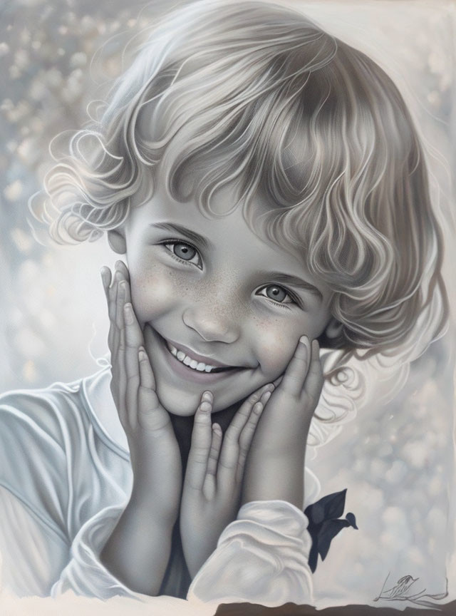 Monochrome drawing of a smiling child with curly hair