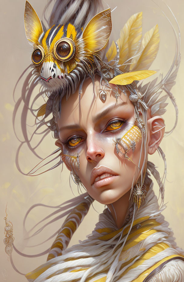 Fantastical owl perched on woman with stylized makeup