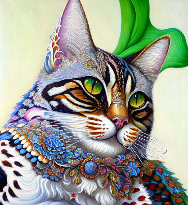 Colorful Fantastical Cat with Yellow Eyes on Green Background