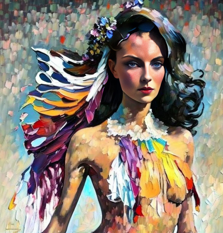 Colorful digital artwork: Woman with blue eyes, feathered outfit, and flower crown in vibrant brush