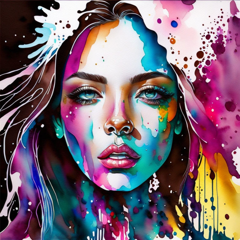 Colorful Watercolor Painting of Woman's Face with Ink Splashes