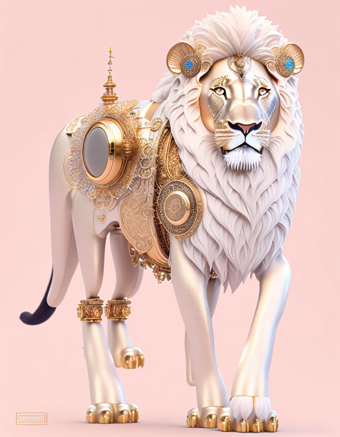 Stylized white lion with golden armor and ornaments