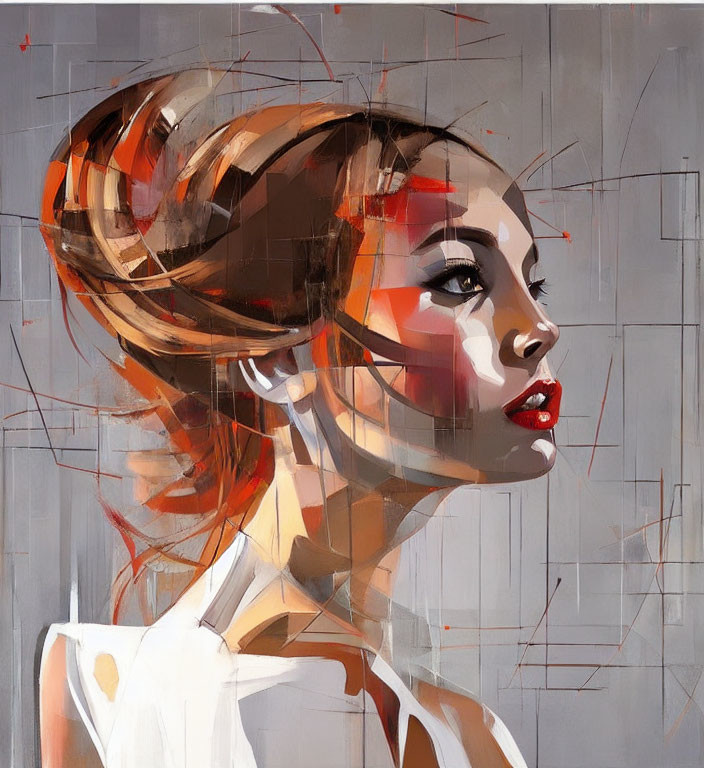 Abstract Stylized Portrait of Woman with Bun in Gray and Red Tones