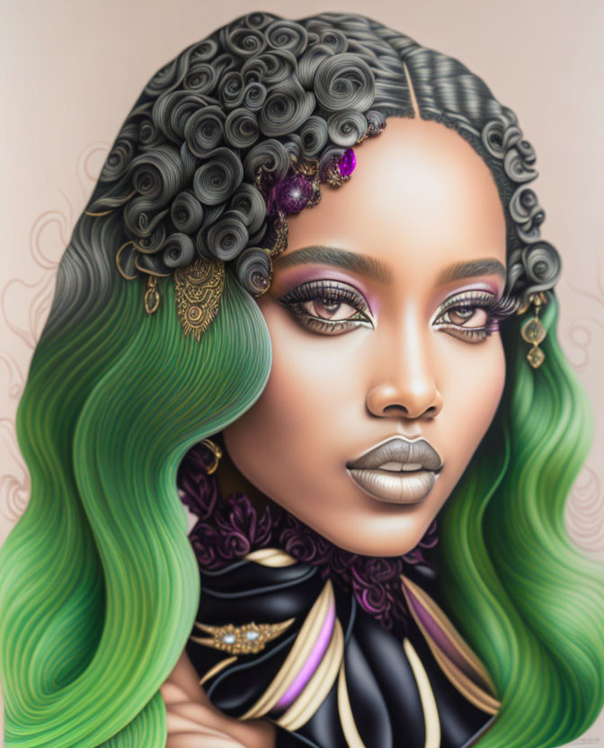 Illustrated portrait of woman with green ombre hair, gold earrings, purple flower, and r