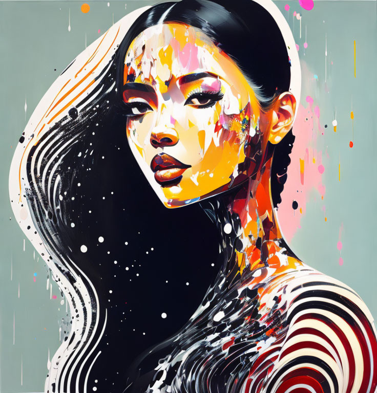 Vibrant abstract portrait of a woman with paint splashes and flowing hair