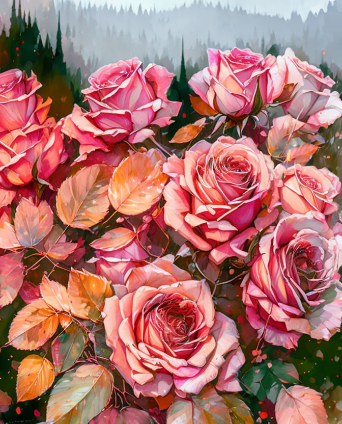 Pink and Peach Roses Bouquet on Blurred Forest Background