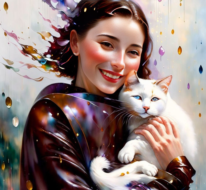 Smiling woman holding white cat with blue eyes in colorful paint splatter scene