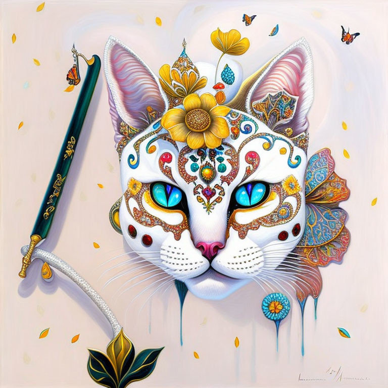 Colorful Cat with Blue Eyes Surrounded by Butterflies and Sword