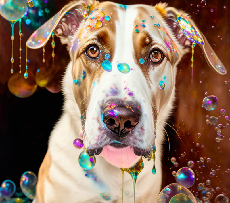 Multicolored Spotted Dog with Bubbles: Whimsical and Playful Scene