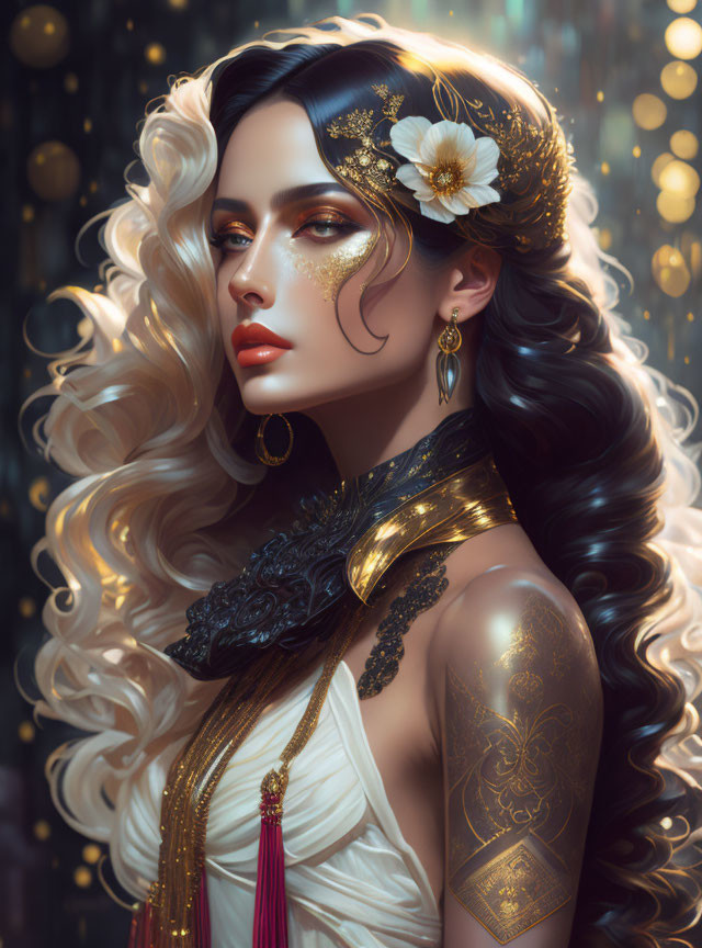 Elegant woman with wavy hair and gold accessories on sparkling background