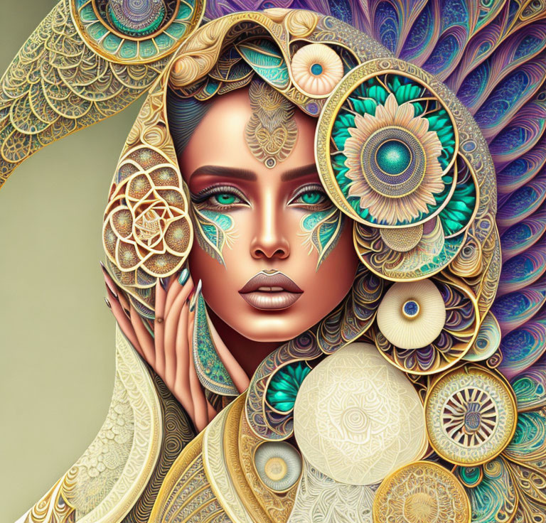 Colorful digital artwork of woman with peacock headdress and intricate mandala designs