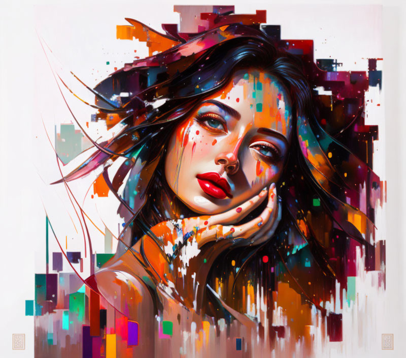 Colorful abstract portrait of a woman with flowing hair and geometric shapes.