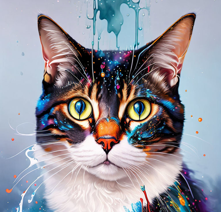 Colorful Digital Artwork: Cat with Large Yellow Eyes and Paint Splatters