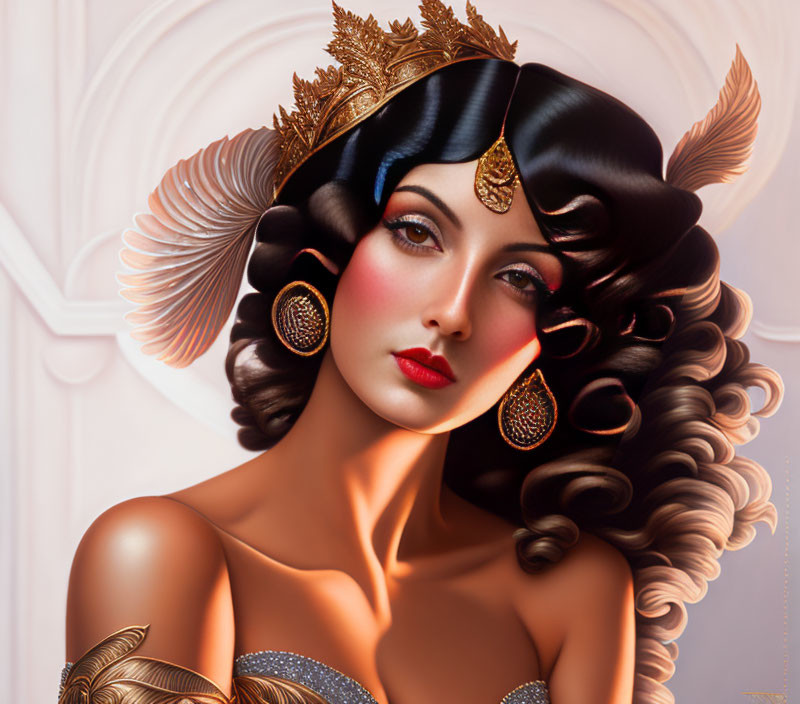 Illustration of woman with wavy hair, gold accessories, and red eyeshadow