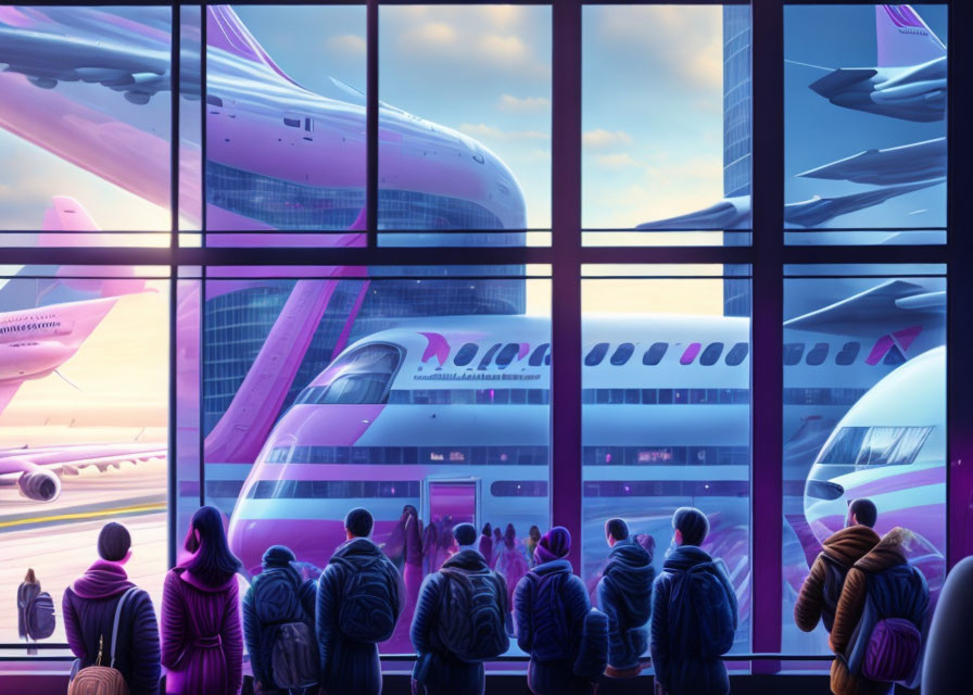 Airport Terminal Passengers View Aircraft at Colorful Sunset