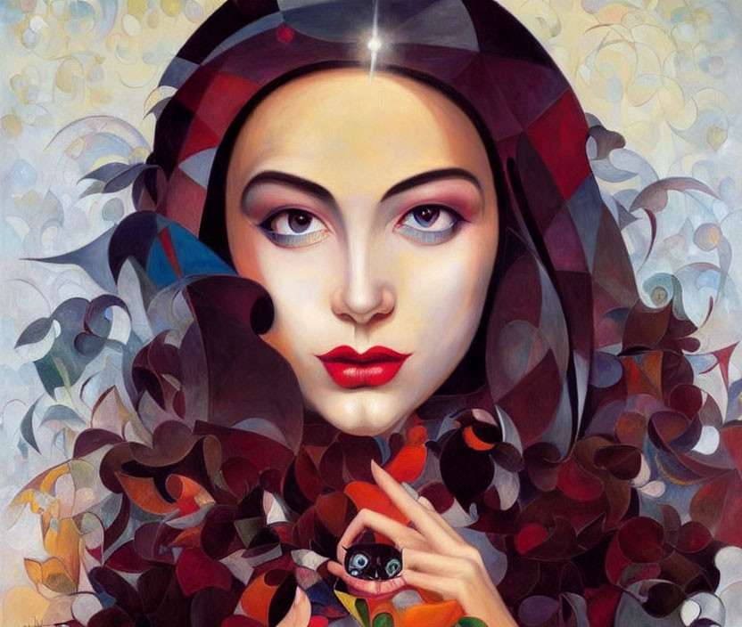 Stylized portrait of woman with large eyes and red lips in red and black floral garment