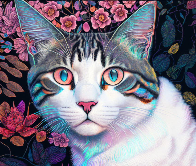 Colorful Cat Artwork with Blue Eyes on Dark Floral Background