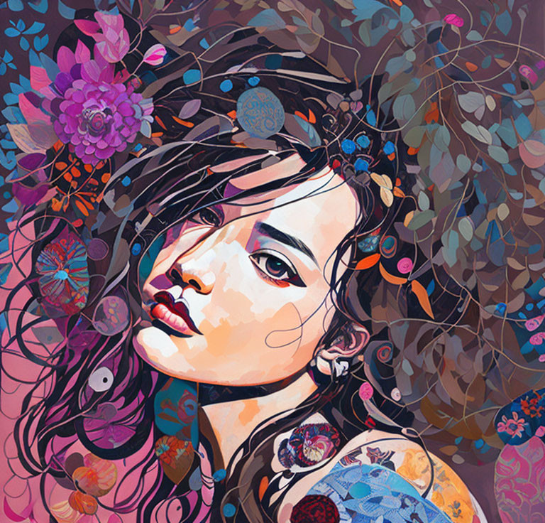 Vibrant floral patterns in artistic woman portrait