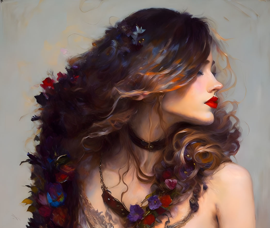 Portrait of a Woman with Wavy Brown Hair and Colorful Flowers