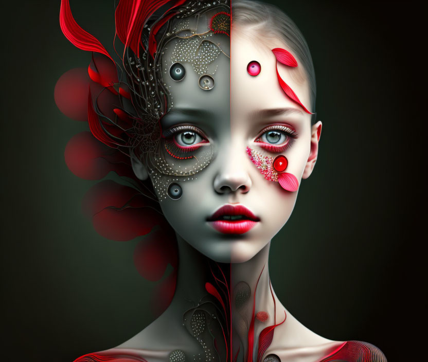 Surreal portrait: female figure with mechanical and natural elements, red feather accent