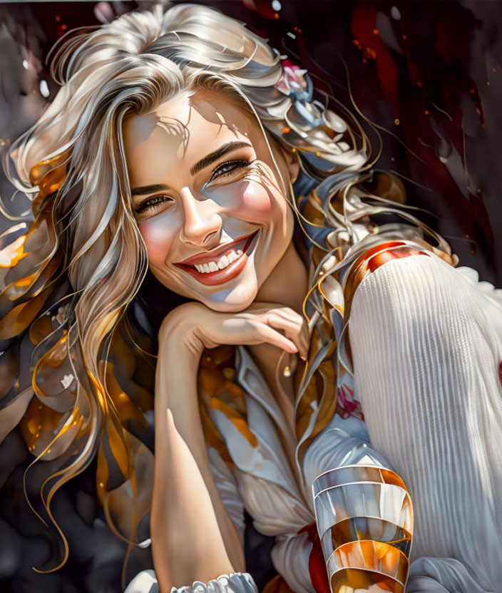 Colorful digital portrait of smiling woman with wavy hair and artistic brush strokes