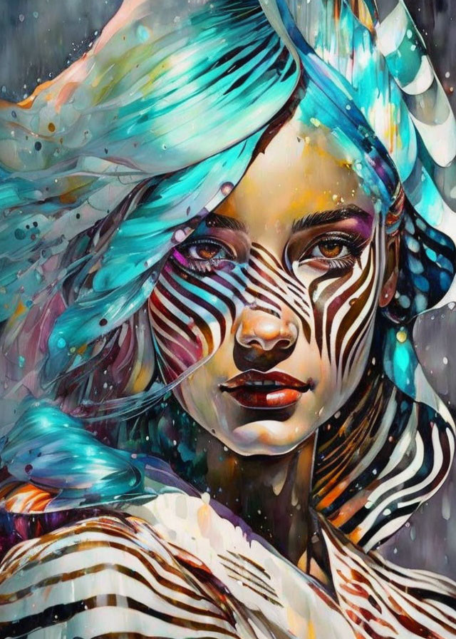 Colorful digital artwork: Woman with zebra stripes, iridescent feathers, blues, whites,