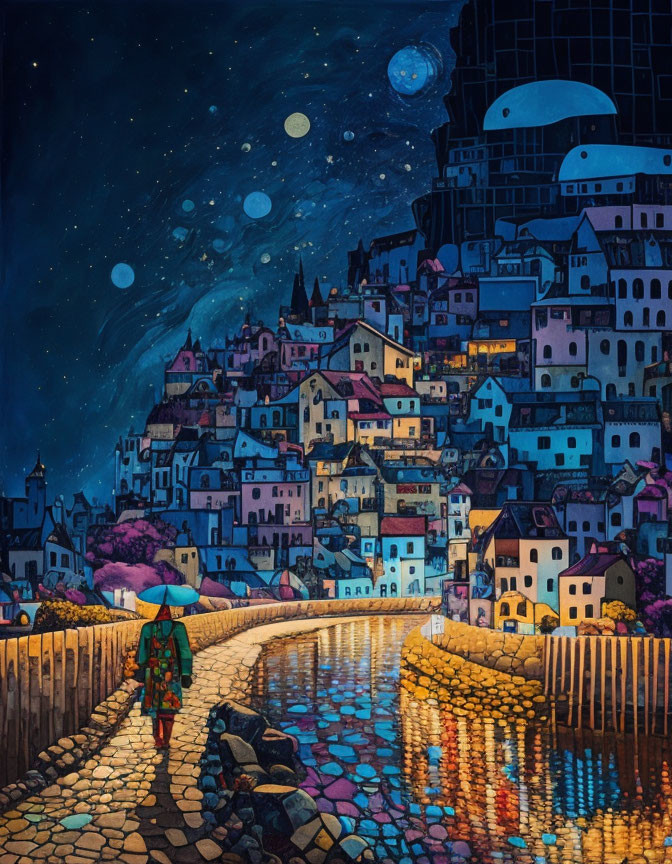 Colorful artwork: Figure with umbrella on cobblestone path by water