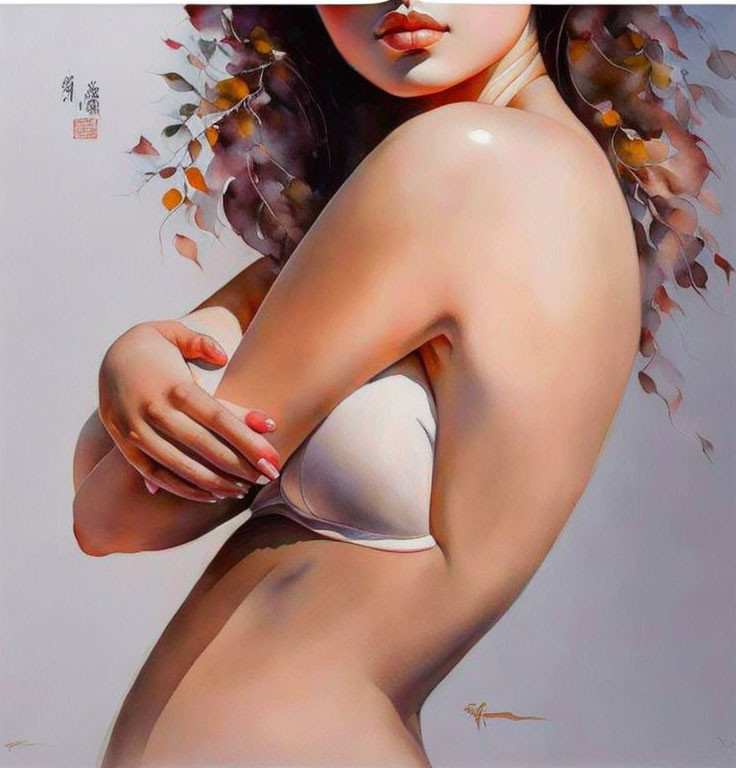 Stylized painting of a person in white underwear embracing themselves