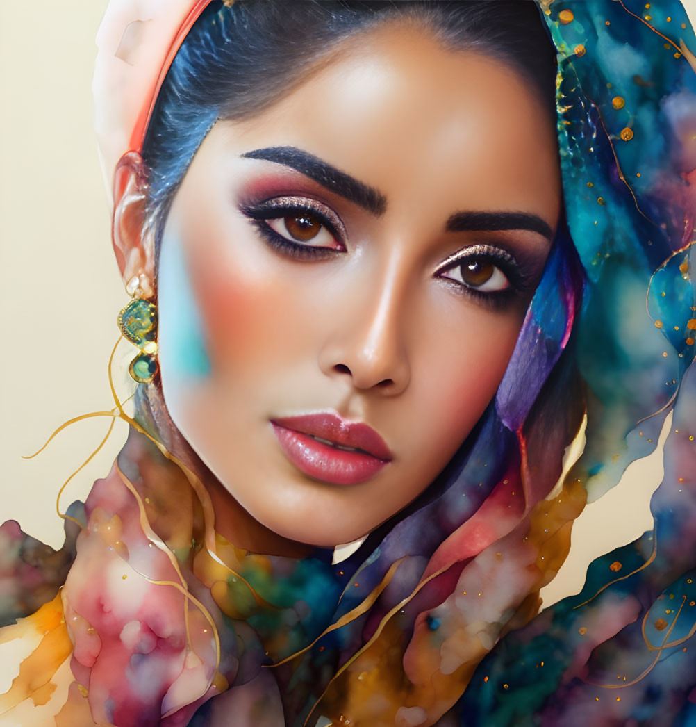 Colorful Abstract-Patterned Scarf on Woman with Striking Makeup