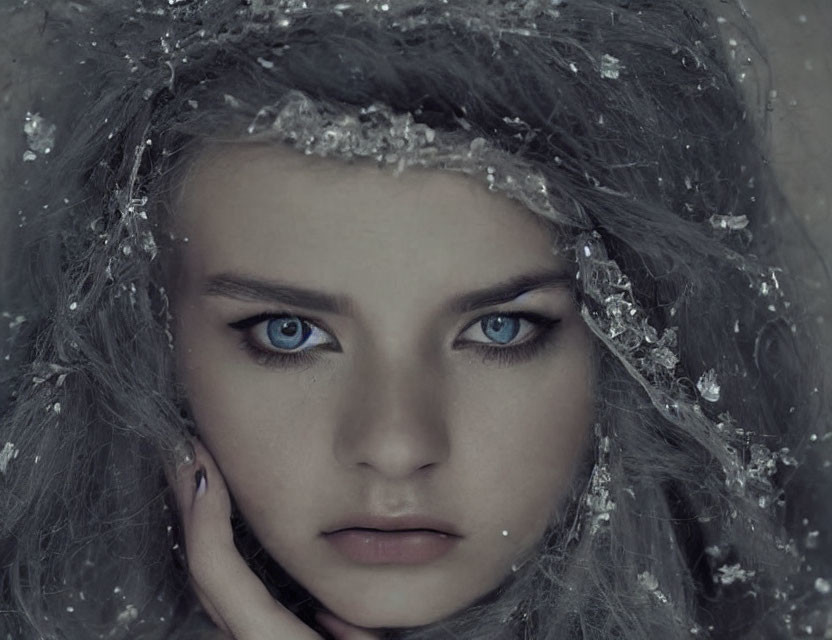 Person with Striking Blue Eyes and Snowflakes in Hair: Ethereal Winter Look