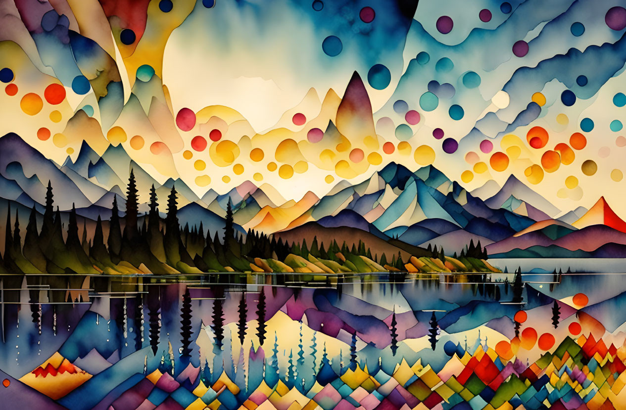 Vibrant abstract landscape with mirrored mountain ranges and calm lake