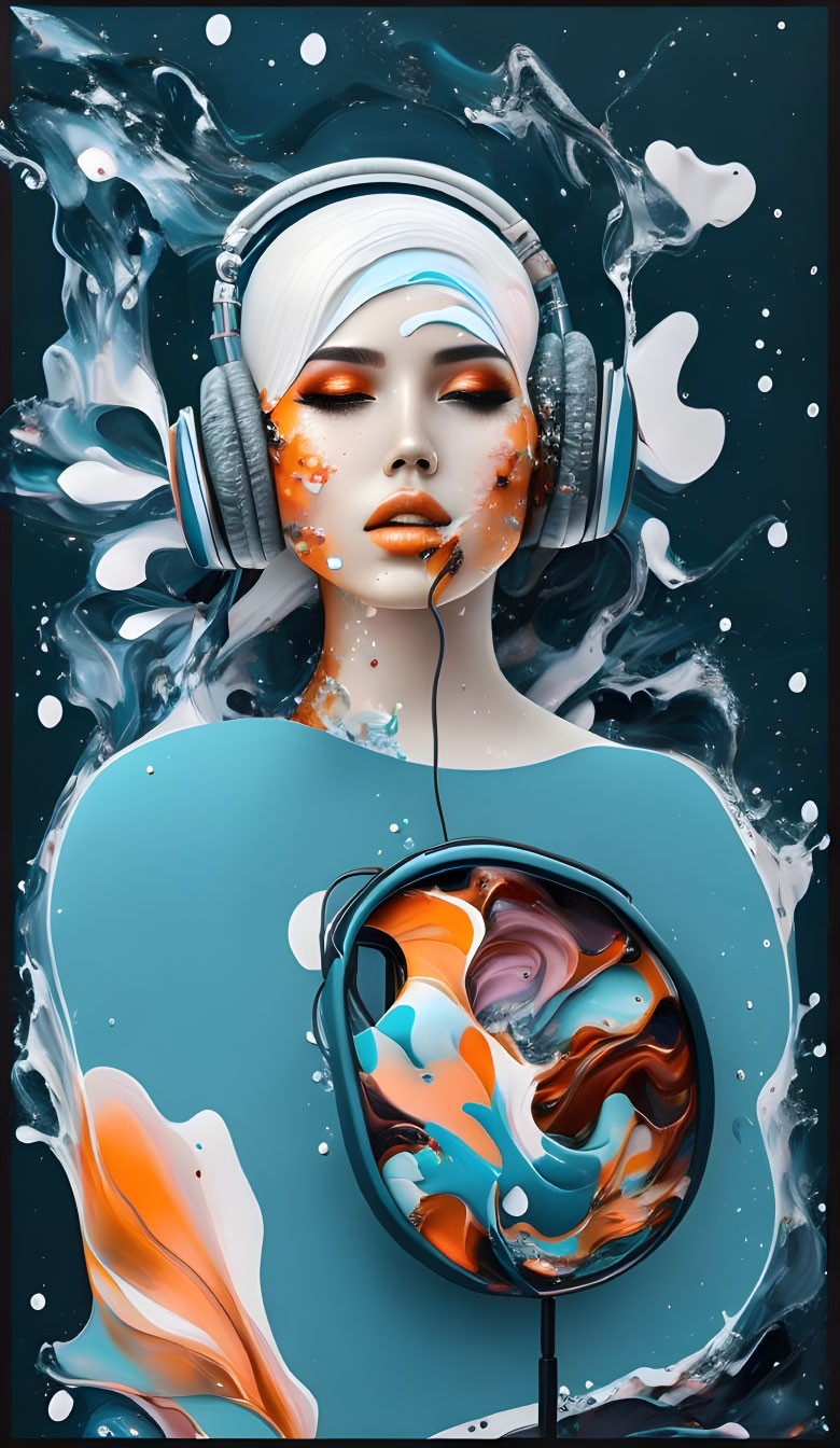 Stylized woman with white hair and headphones in digital art