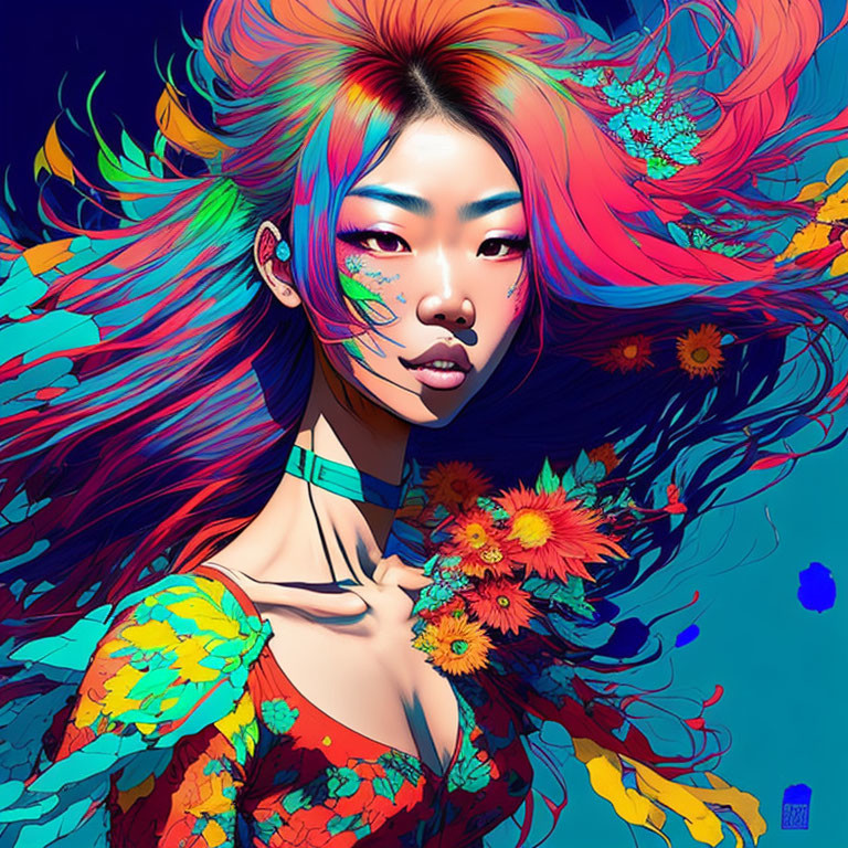 Colorful digital artwork: Woman with vibrant hair and floral accents in blue, orange, and pink.