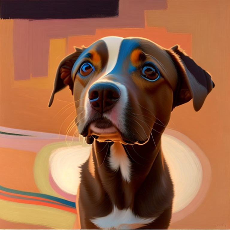 Stylized painting of brown and white dog with blue eyes on warm abstract background