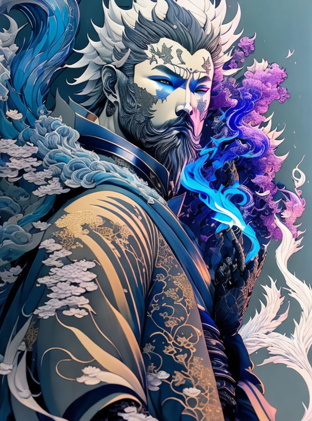 Elaborate blue and white hair figure in detailed armor against matching backdrop