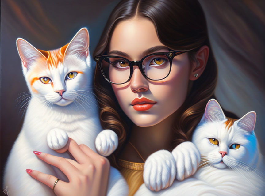 Woman Holding Two Cats with Glasses Against Soft-Lit Background