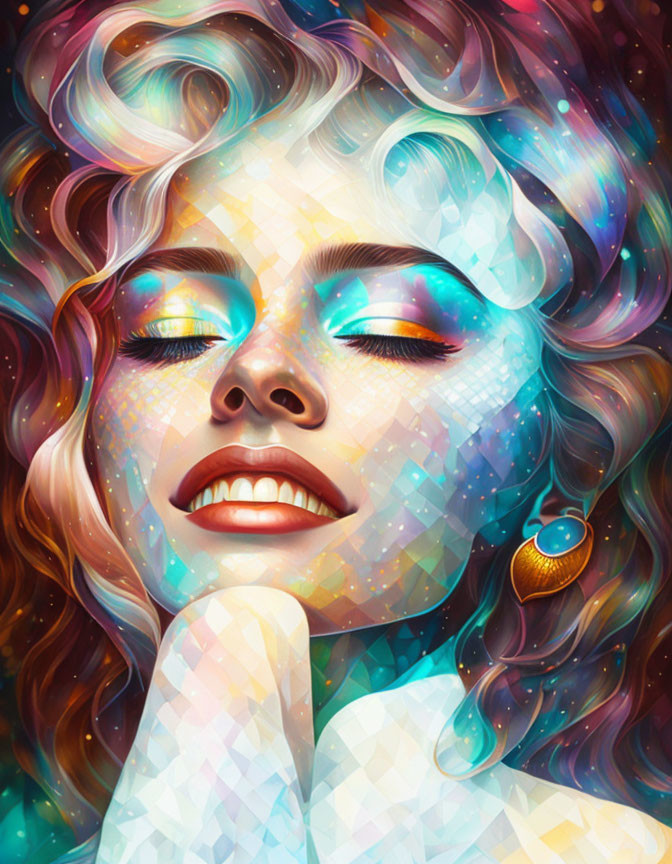 Colorful cosmic-inspired makeup on woman in digital portrait