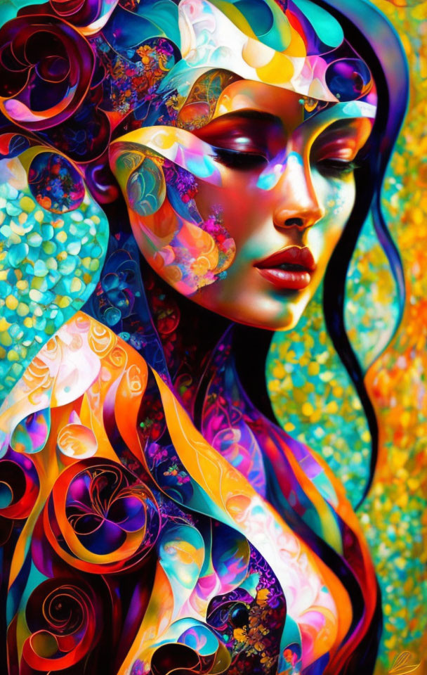 Colorful Psychedelic Pattern Merge with Woman's Hair and Headpiece