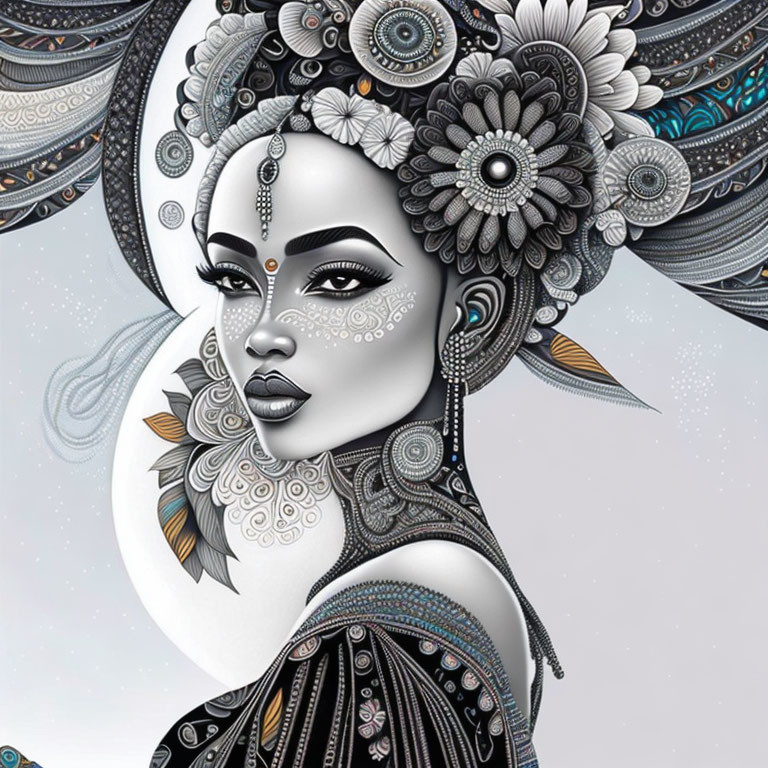 Detailed grayscale illustration of a woman with floral patterns, feathers, and jewels