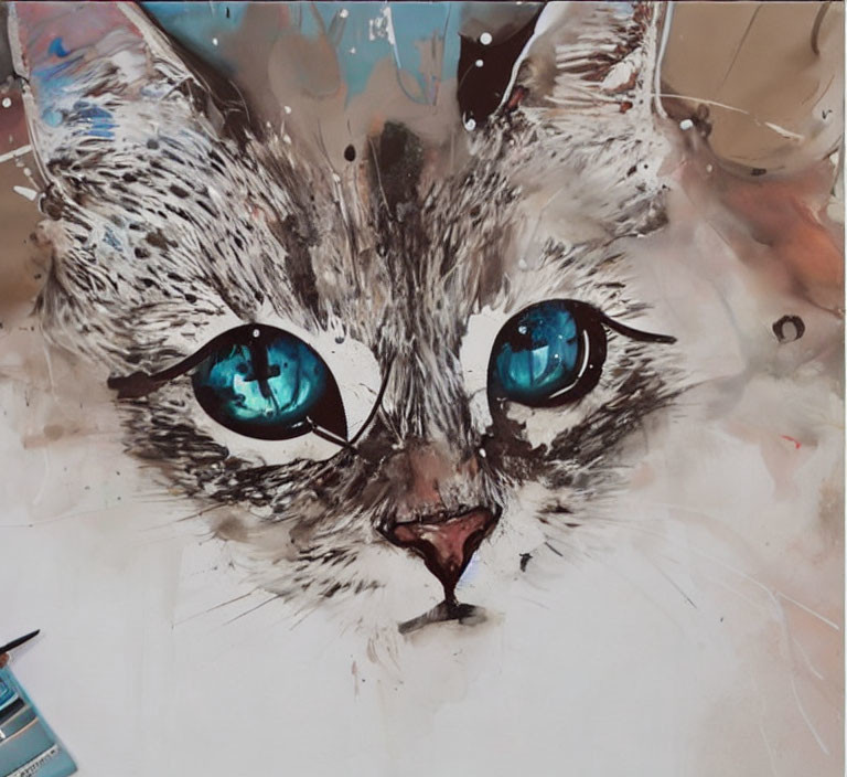 Colorful Painting of Cat with Striking Blue Eyes