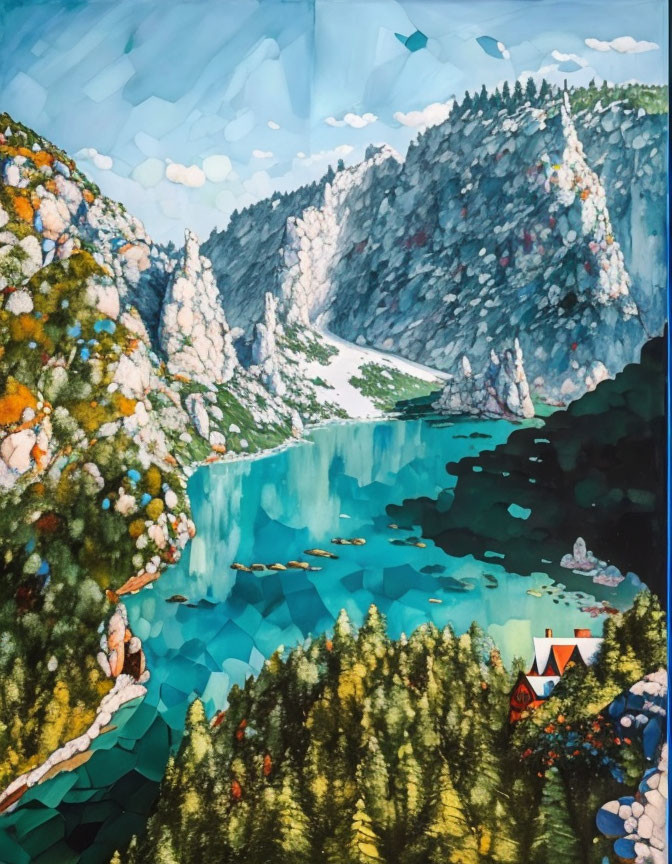 Stylized painting of mountainous landscape with turquoise lake