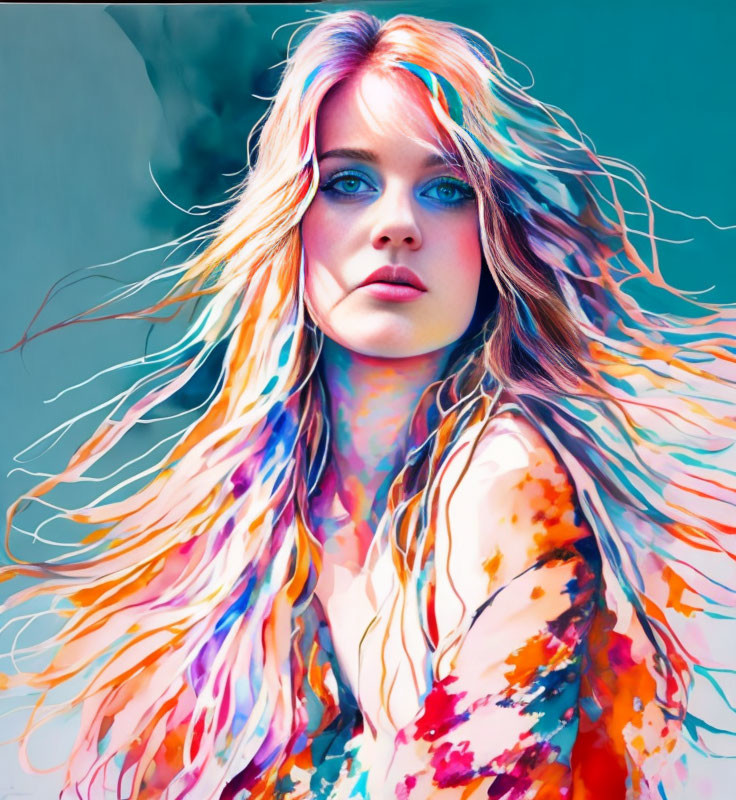 Vibrant multicolored hair woman portrait on cool blue background