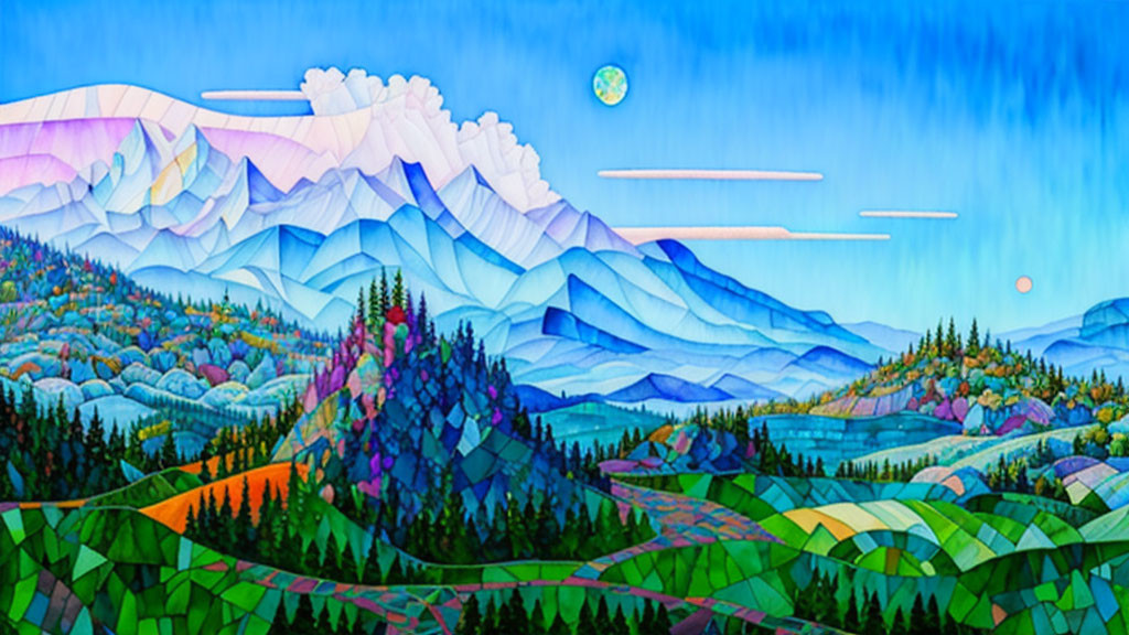 Vibrant landscape painting with layered mountains and celestial elements