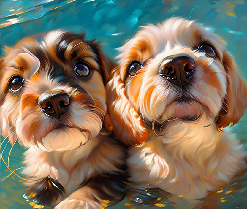 Fluffy brown-white puppies with glossy eyes