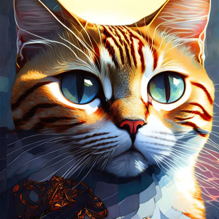 Vivid image of cat with large blue eyes on colorful background