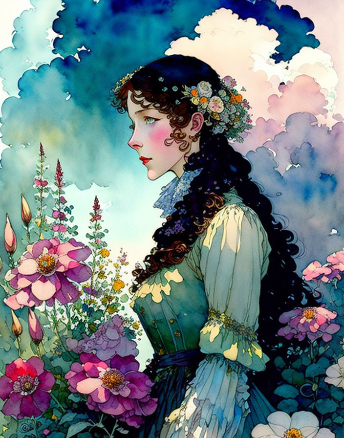 Illustration: Woman with curly hair in vintage dress surrounded by blooming flowers under cloudy sky