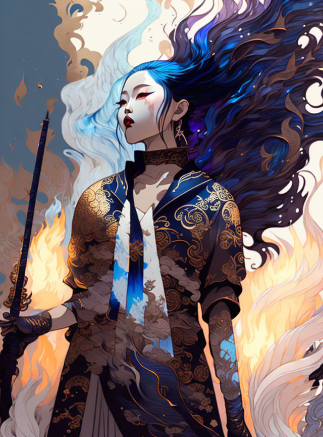 Illustrated woman with blue hair in traditional attire surrounded by flames and smoke