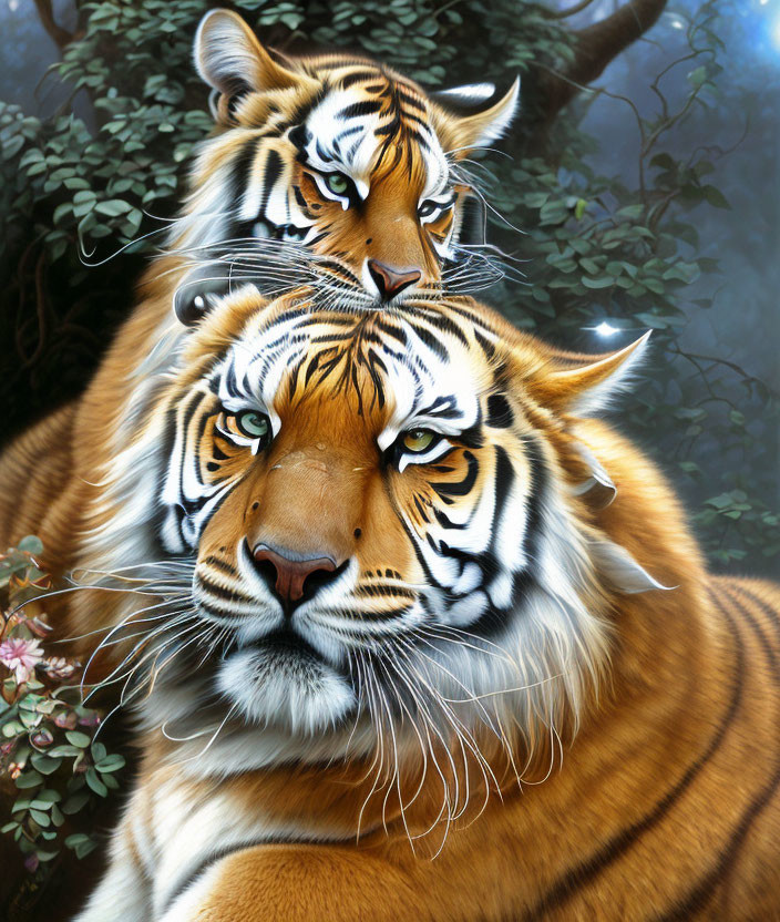 Two tigers cuddling in foliage scenery