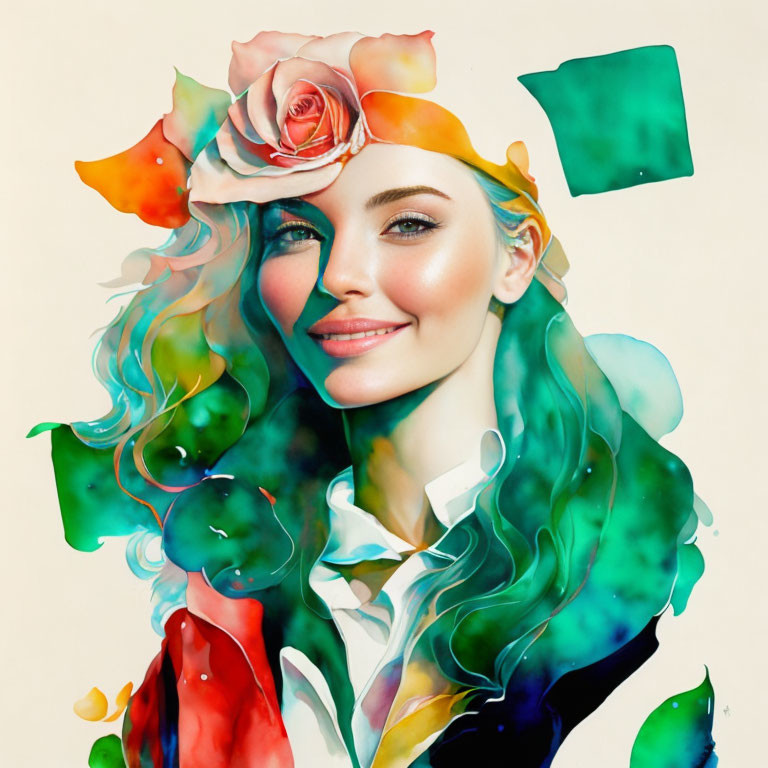 Colorful digital artwork of a woman with flowing hair and rose hat.