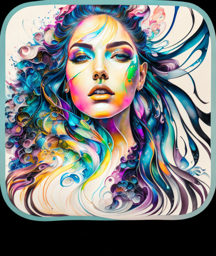 Vibrant digital artwork featuring woman with flowing hair